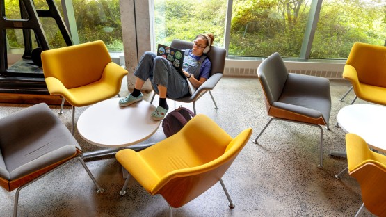 Student works on a laptop, surrounded by stylish yellow chairs