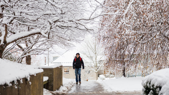 A student near Rockefeller Hall.