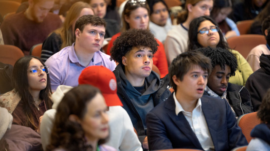 Students listen to an alumni panel discussion during the Pathways to Purpose class in Statler Hall