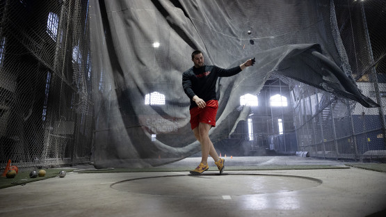 Hammer throw practice in Barton Hall.