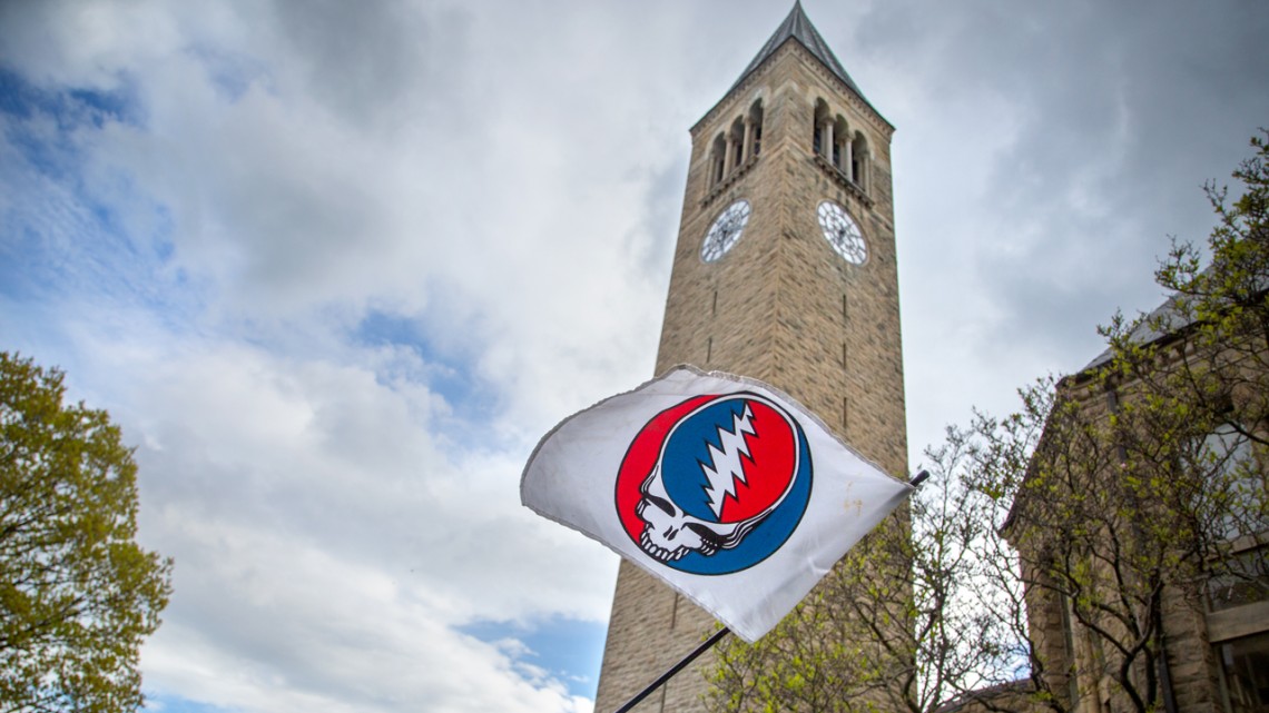 Grateful dead flag waved in front of McGraw Tower