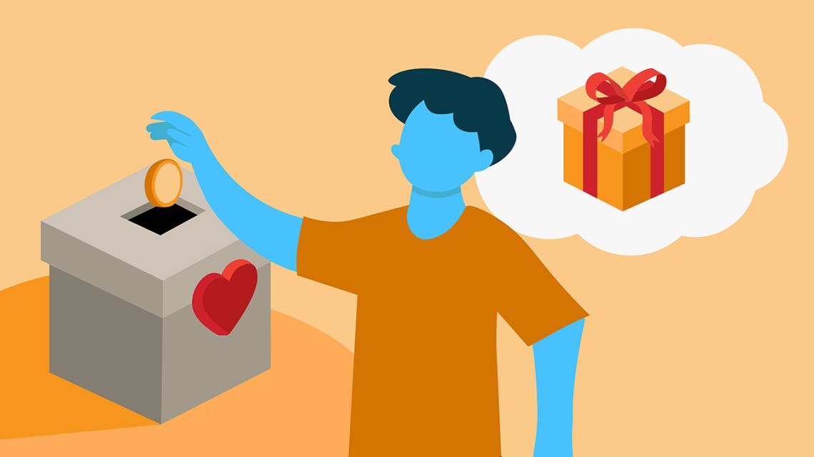 Illustration of many putting a money donation in a box while hoping to receive a gift for his donation
