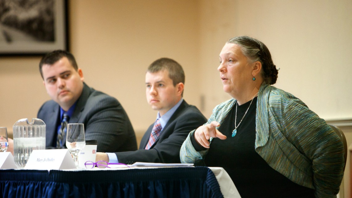 Mary Jo Dudley speaking on a panel