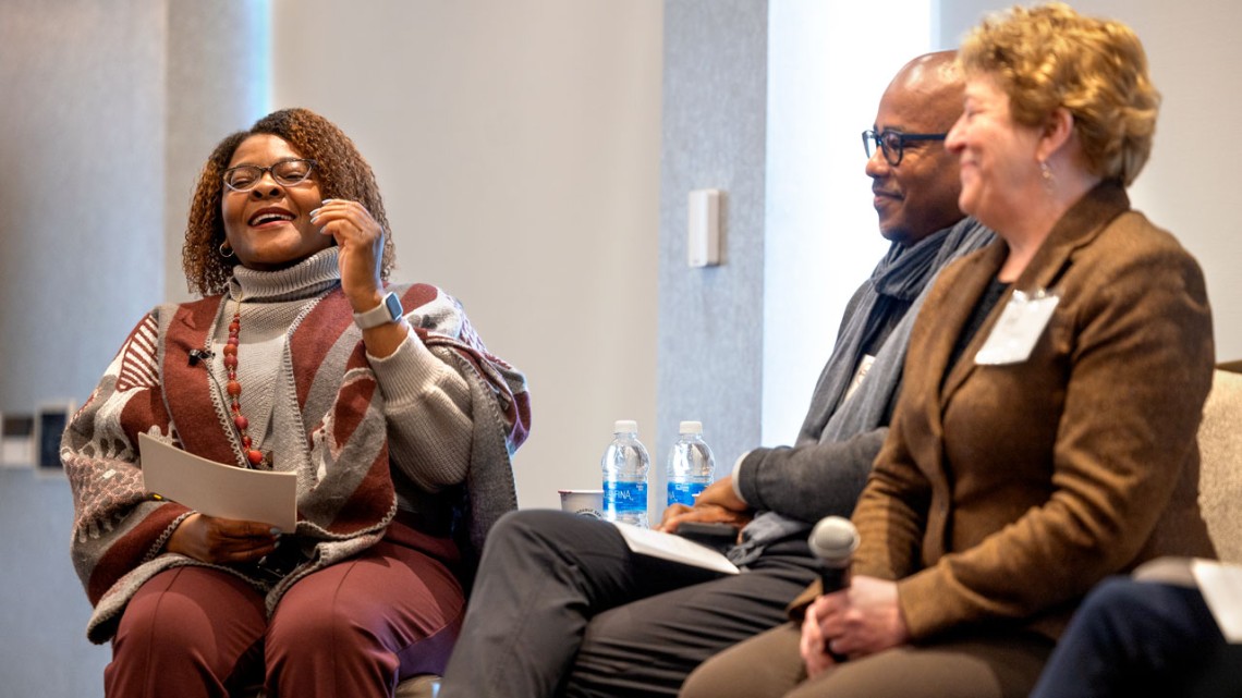 Christine D. Lovely, left, vice president and chief human resources officer, leads a panel featuring Avery August, Ph.D. ’94, deputy provost and presidential adviser for diversity and equity, and Kathryn J. Boor ’80, dean of the Graduate School and vice provost for graduate education.