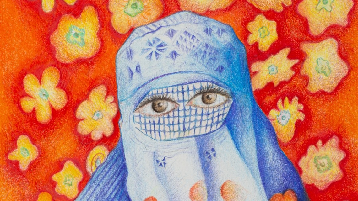 Detail of “Hopeful Eyes," by Elja Sharifi: woman in blue burqua against red background.