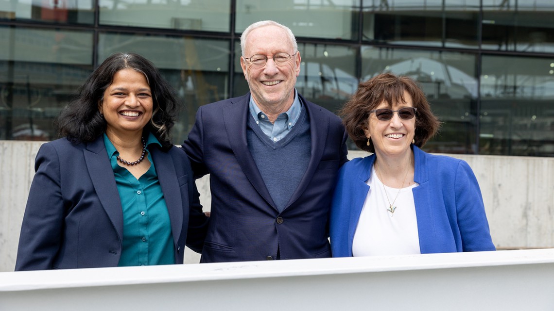 Cornell Bowers CIS Dean Kavita Bala, left, Provost Michael I. Kotlikoff and Cornell President Martha E. Pollack attend the celebration of the construction of the new Cornell Ann S. Bowers College of Computing and Information Science building.