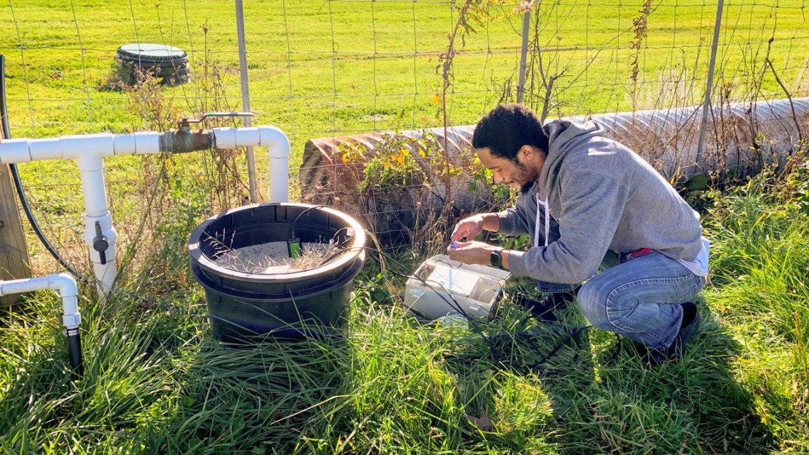 Gloire Rubambiza installs moisture sensors at the Cornell Orchards.