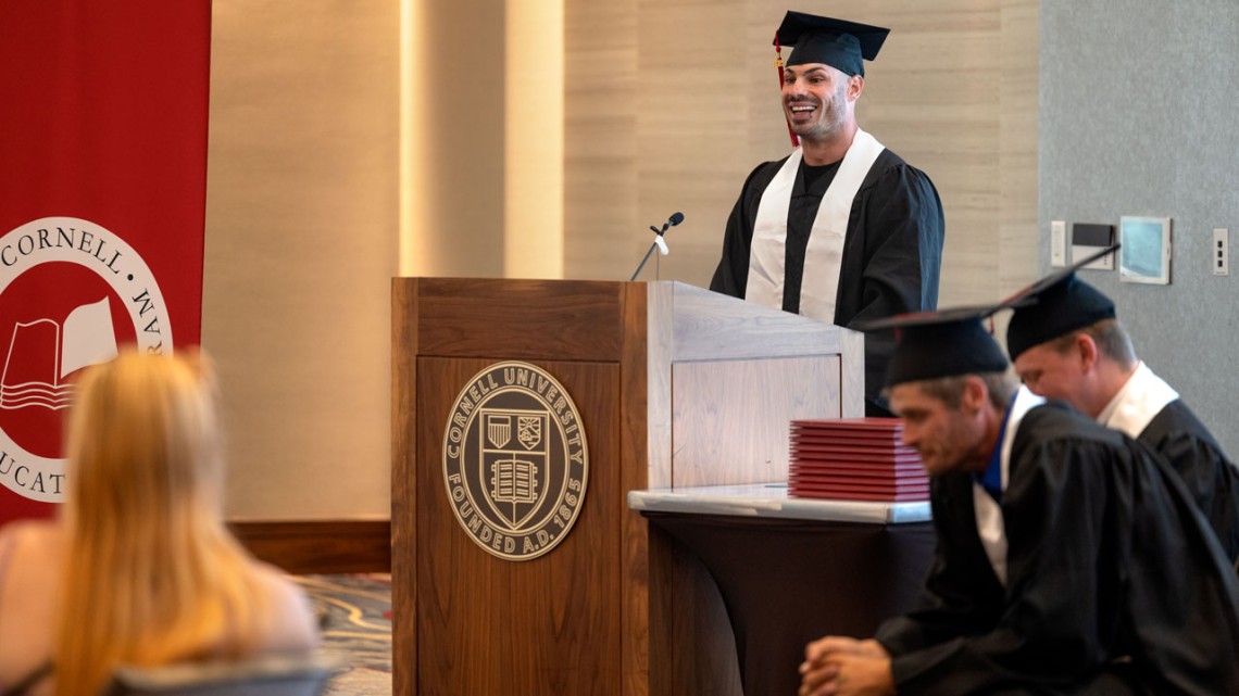 Cornell Prison Education Program graduate Kenneth Rogers speaks during a July 10 commencement ceremony at the Statler Hotel.