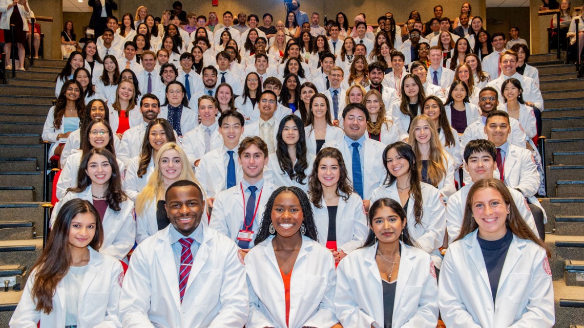 First-year students in Weill Cornell Medical College’s Class of 2028 during the annual White Coat Ceremony Aug. 13.