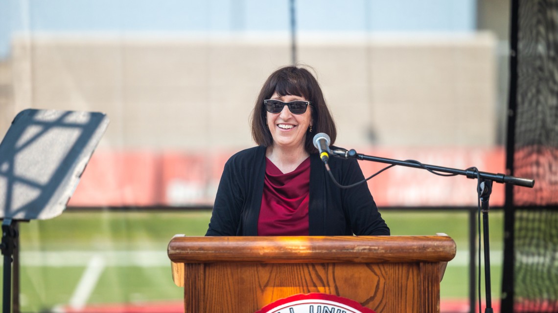 President Martha E. Pollack addresses the thousands of first-year and transfer students who gathered Aug. 20 at Schoellkopf Field for New Student Convocation.