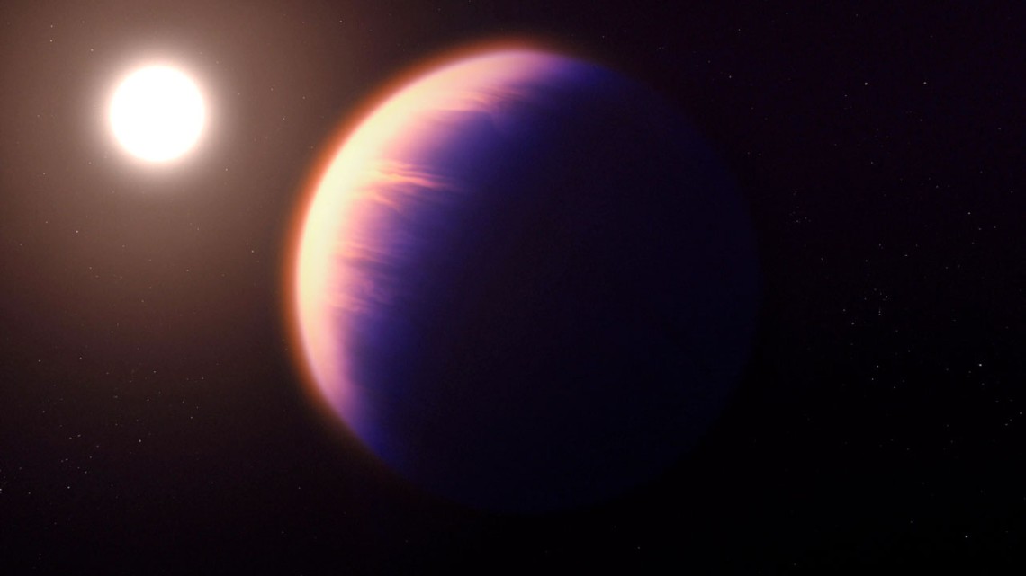 Evidence of carbon dioxide was found by the new James Webb Space Telescope on exoplanet WASP-39b, which is shown in this artistic rendering