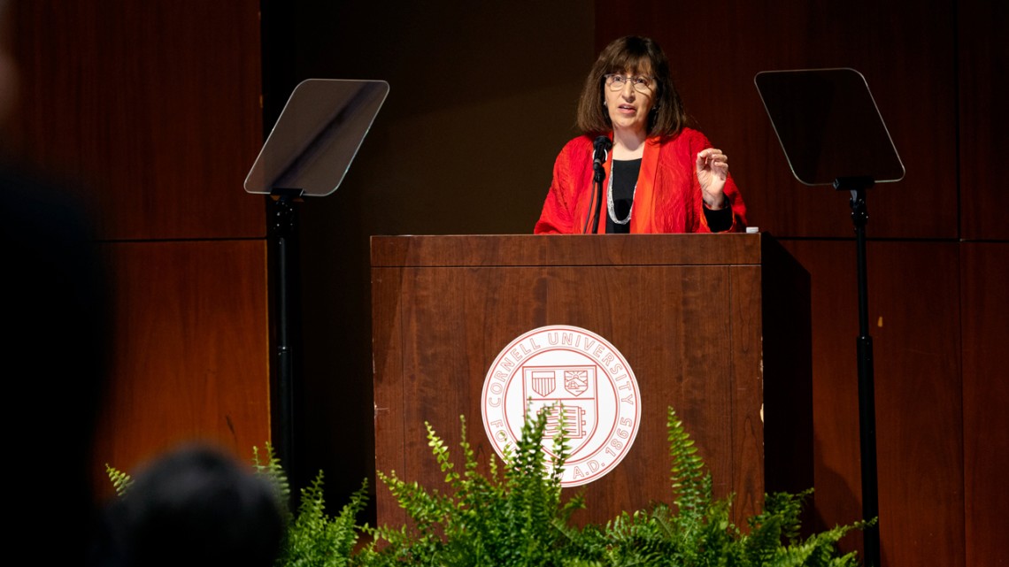 President Pollack delivering the state of the university address.