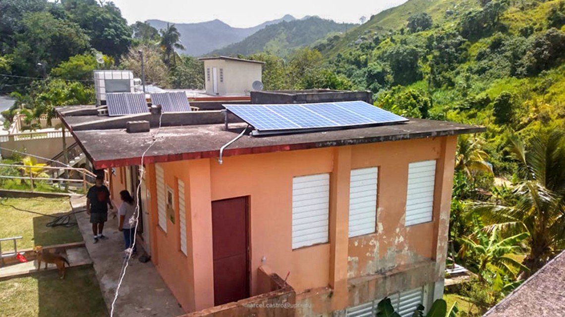 Rooftop solar photovoltaics power a home in Jayuya, Puerto Rico, located in the mountainous interior of the island.