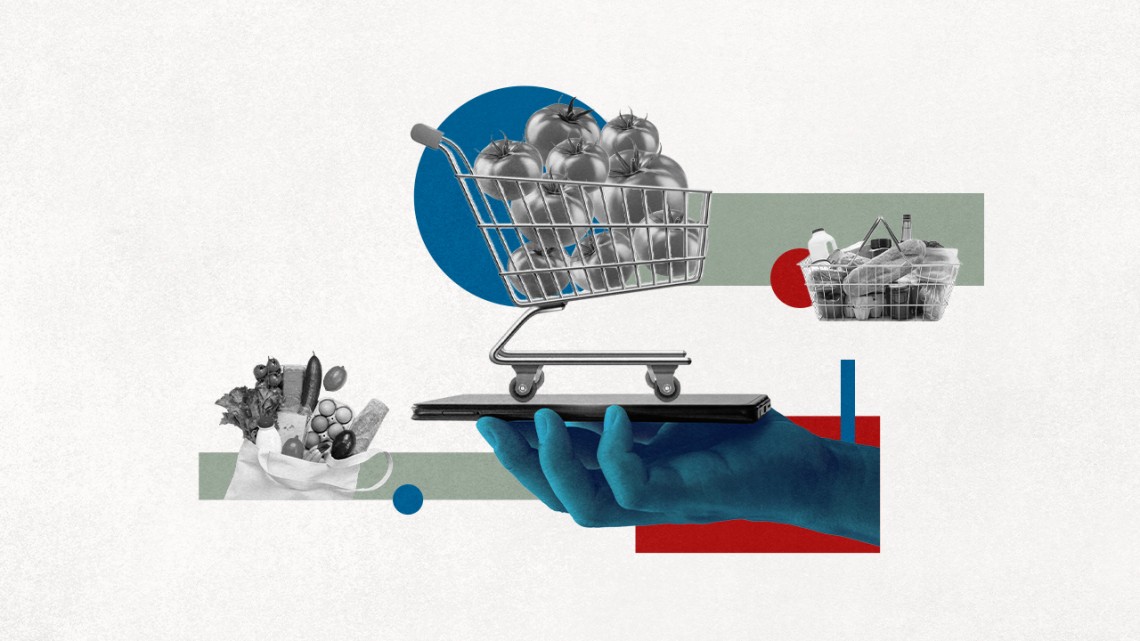 Conceptual illustration with a hand holding an iPhone with a shopping cart full of onions on top of it. At right and left are handheld shopping carts with variety of foods.