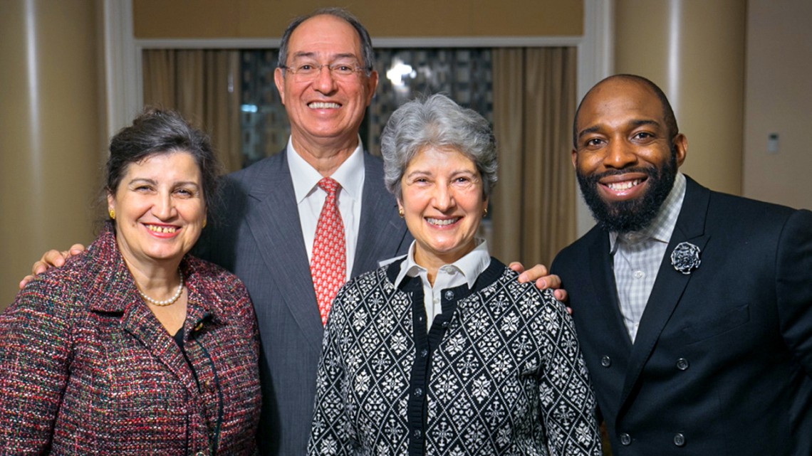 From left: Lourdes Casanova, senior lecturer and the Gail and Roberto Cañizares Director of the Emerging Markets Institute; Roberto Cañizares ’71, MBA ’74, Gail Cañizares; and Babatunde Ayanfodun in 2016. 
