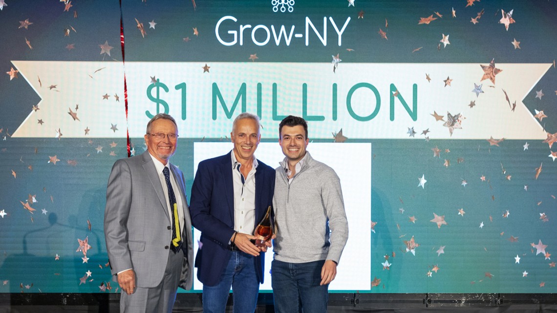 Richard Ball, left, commissioner of the New York State Department of Agriculture and Markets, is pictured with Hypercell Technologies co-founders Bruno and Sam Jactel after the Peachtree Corners, Georgia startup won the 2023 Grow-NY competition and the $1 million grand prize.