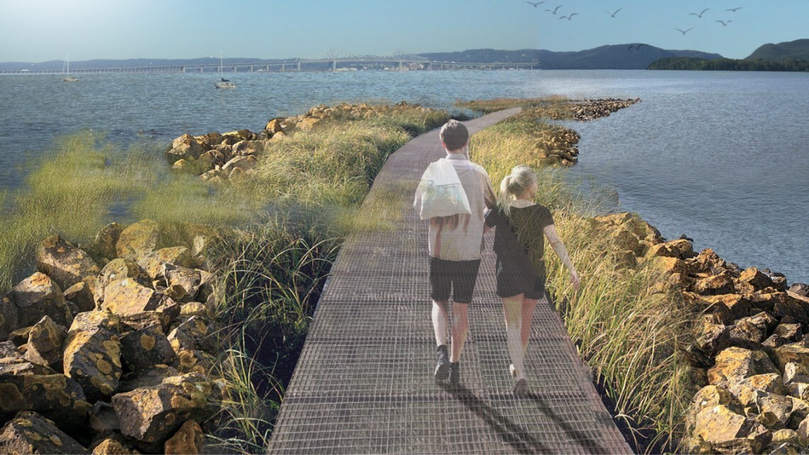 A rendering of pedestrians walking on a path to the water.