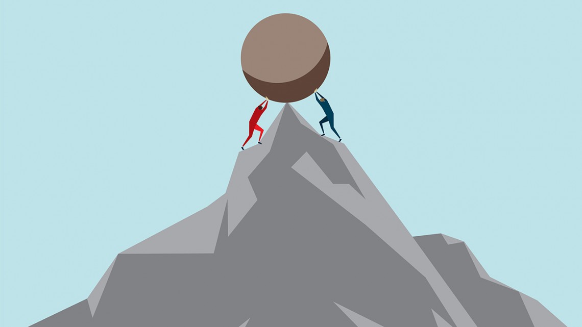 graphic of two individuals holding up a boulder