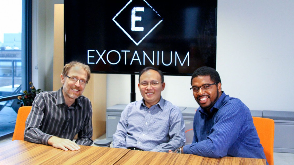 From left, Exotanium co-founders Robbert van Renesse, professor of computer science; postdoctoral researcher Zhiming Shen, Ph.D. ’17; and Hakim Weatherspoon, associate professor of computer science.