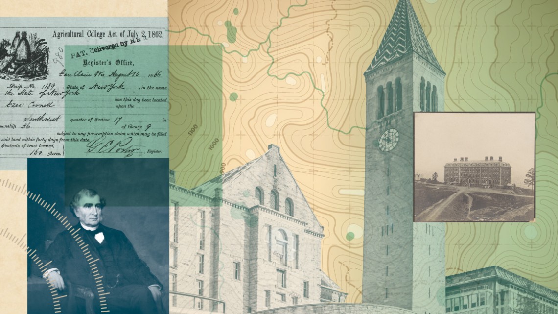 Collage of Ezra Cornell and document establishing the Agricultural College