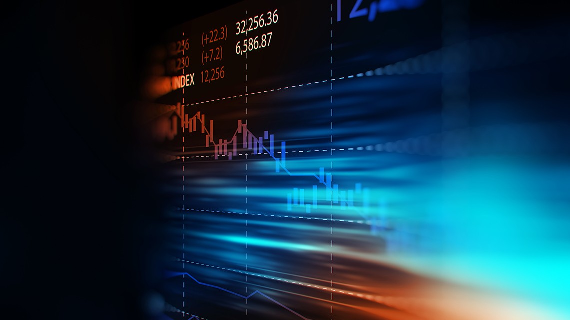 financial graph on technology abstract background – electronic screen at an angle, blurred at either edge