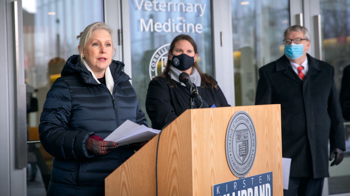 U.S. Sen. Kirsten Gillibrand (D-New York) visited the College of Veterinary Medicine on Jan. 7 to discuss proposed legislation focused on pandemic response and prevention. At right are Shawna Black, chair of the Tompkins County Legislature, who introduced Gillibrand, and Dr. Lorin Warnick, the Austin O. Hooey Dean of the College of Veterinary Medicine.