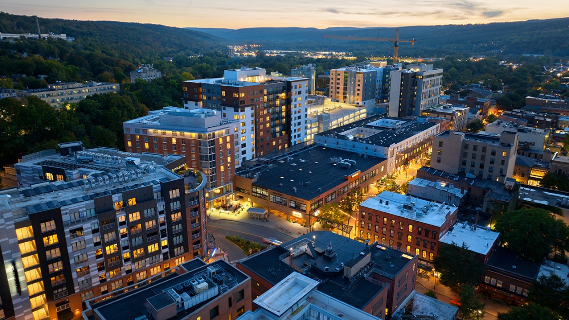 An aerial view of Ithaca commons.