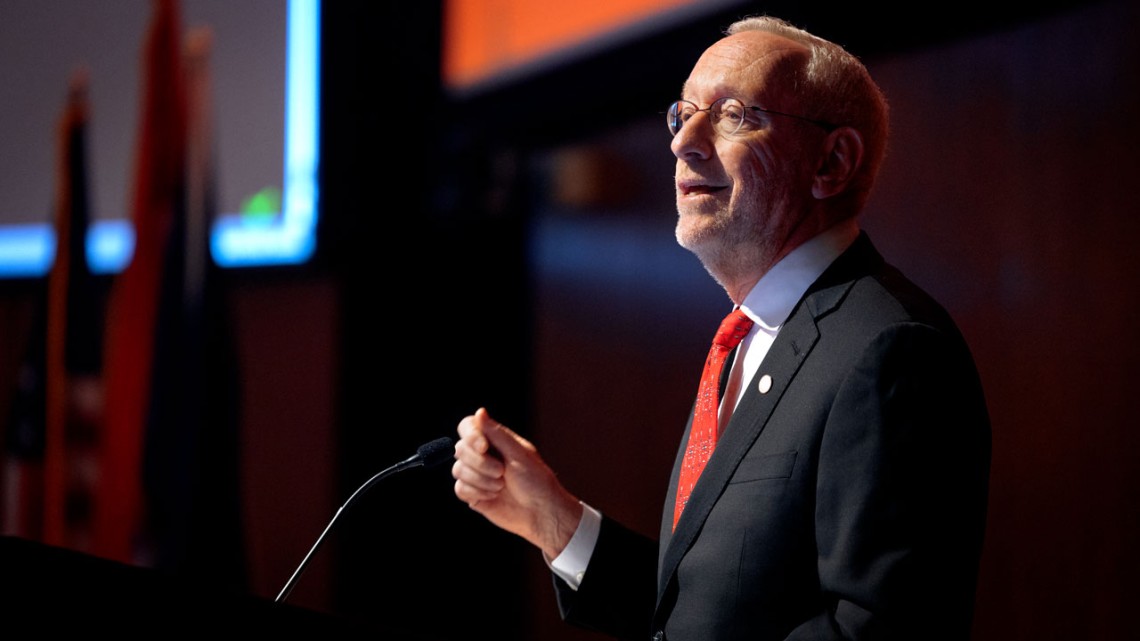 Interim President Michael I. Kotlikoff delivers the State of the University address Oct. 18 in Statler Auditorium, during the Trustee-Council Annual Meeting.