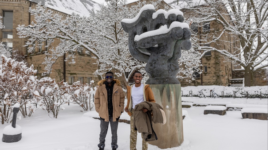 Grad students from Ghana on a snowy Cornell campus 