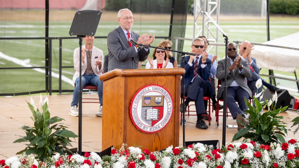 Cornell President Michael I. Kotlikoff delivers his address at New Student Convocation, held Aug. 19 at Schoellkopf Field.