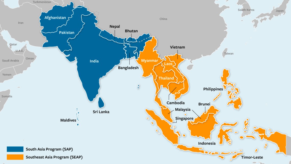 Map of South Asia and Southeast Asia with South Asia in blue and Southeast Asia in orange