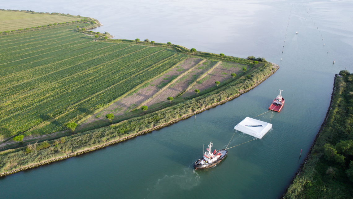 Pavilion floating down a river
