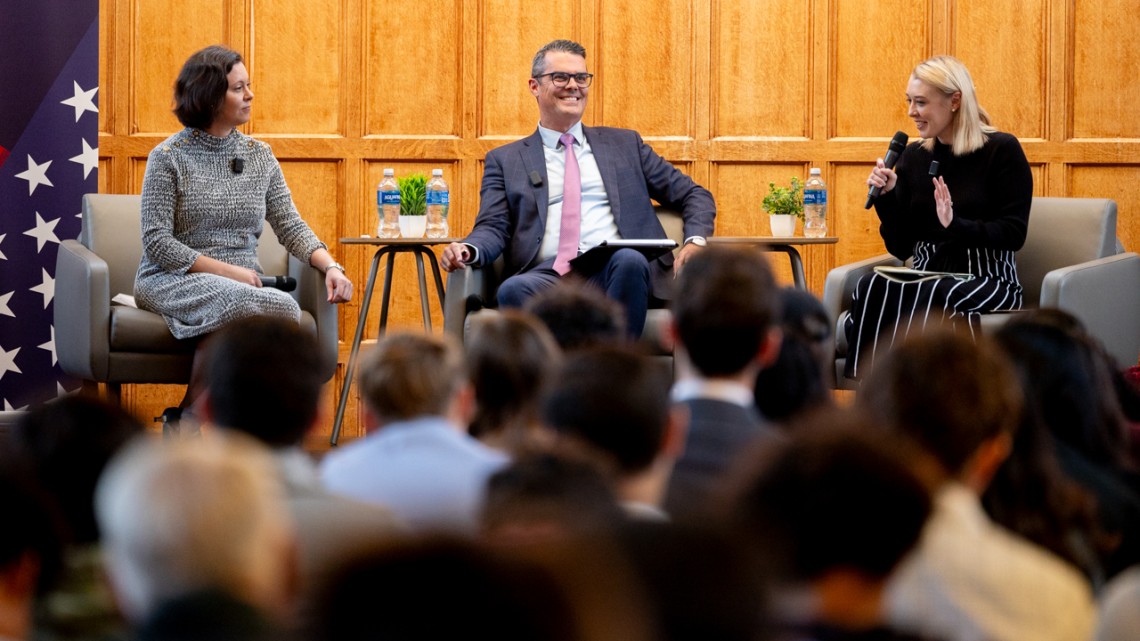 At left, Mary Kissel, former adviser to former Secretary of State Michael R. Pompeo and current executive vice president and senior policy adviser for Stephens, Inc., talks with Justin Logan, director of defense and foreign policy studies at the Cato Institute, and moderator Sarah Bedford, investigations editor for the Washington Examiner.