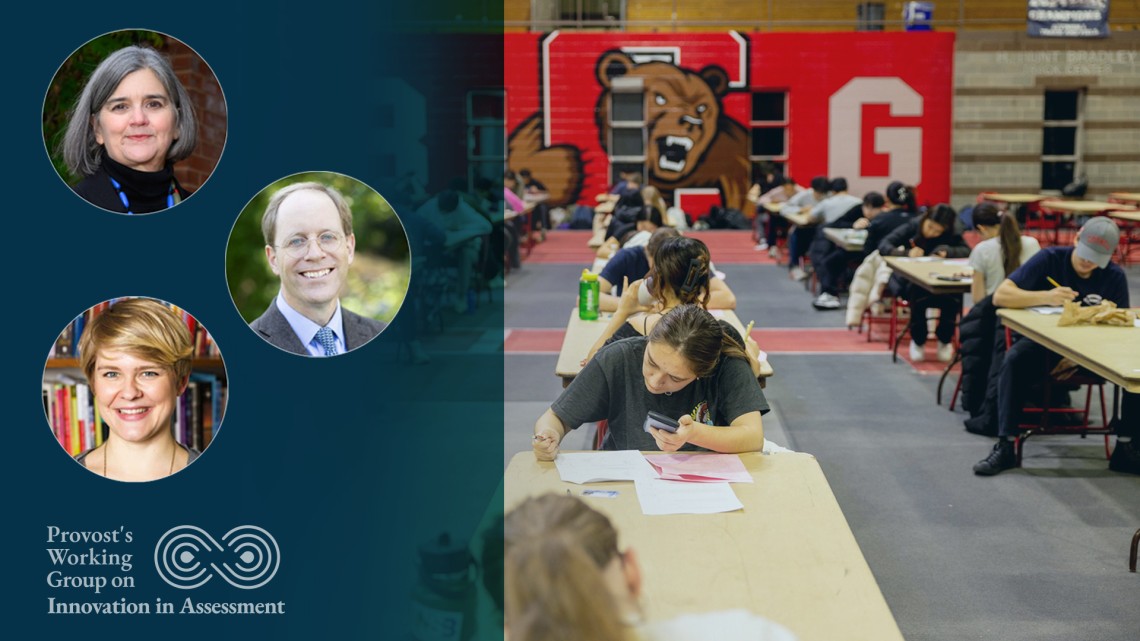 Left, head shots of faculty keynote speaker Liz Karns, and panelists Tim Riley and Kate Navickas. At right, students sit in rows of desks taking an exam with pencil and paper. 