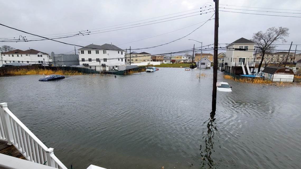The view from Roger Gendron's front porch, in Hamilton Beach, Queens, after Winter Storm Elliot hit in December 2022. Gendron, president of the New Hamilton Beach Civic Association, has been working with New York Sea Grant for years to document the frequent flooding in his neighborhood. 