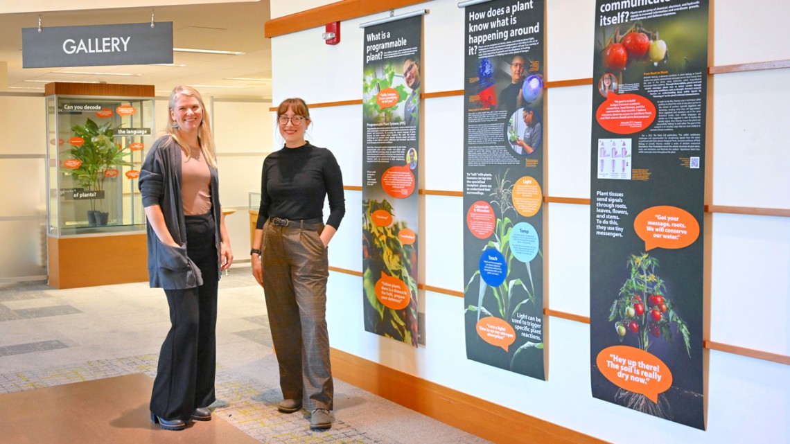 Cornell University Library’s Jenny Leijonhufvud (left), and CROPPS’s Anya Gruber at the “Hello, Human!” exhibit they co-curated at Mann Library. 