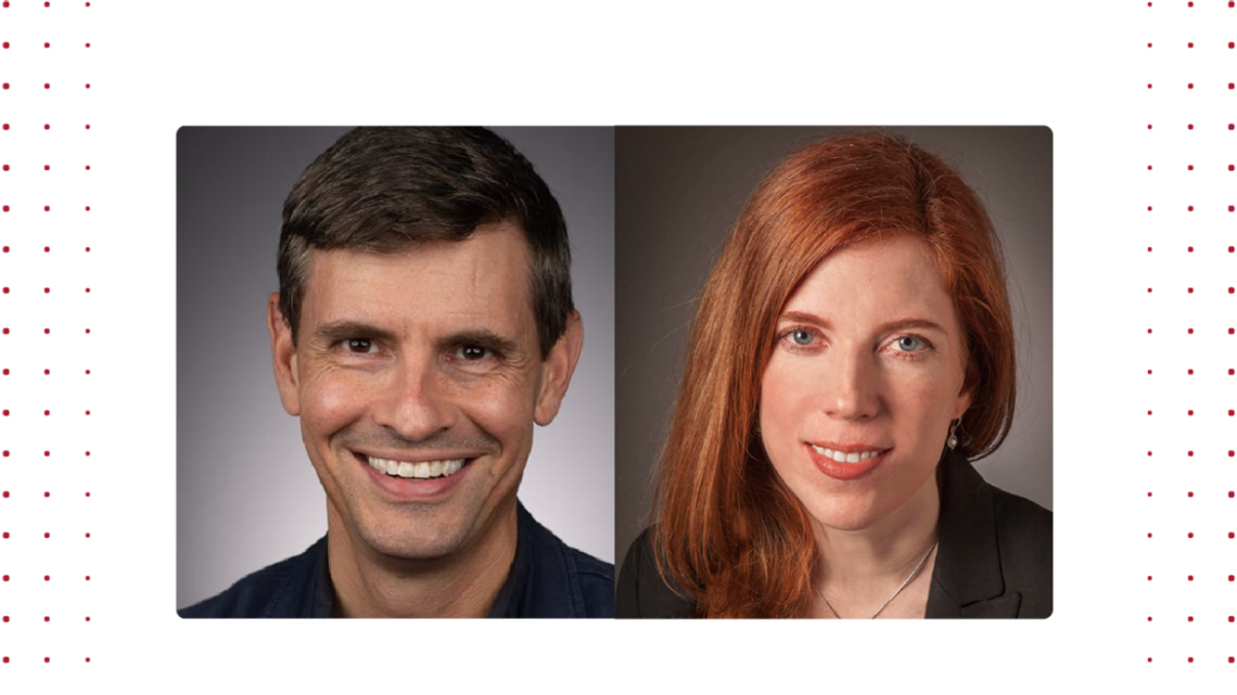 Photos of Matt Wilkens, a man with short brown hair, and Elizabeth Evans, a woman with long red hair