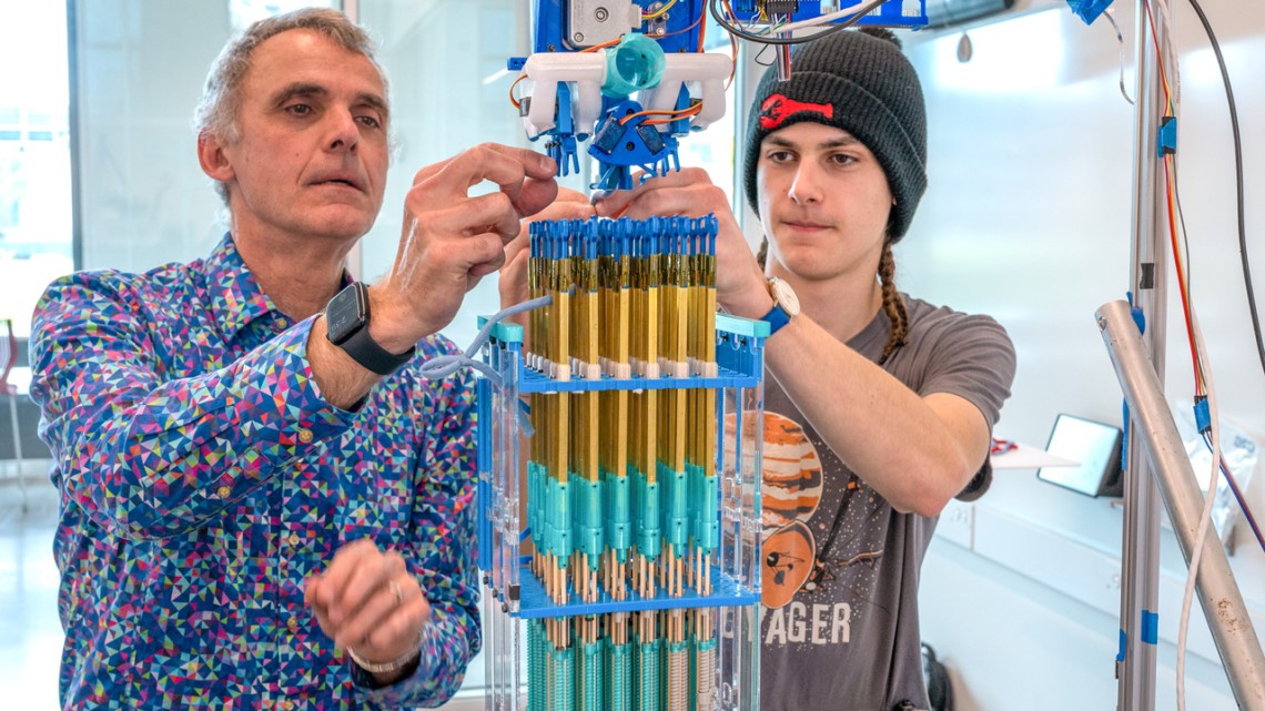 François Guimbretière, professor of information science, and Victor Guimbretière '29 developed a knitting machine that functions like a 3D printer – building up horizontal layers of stitches to create solid objects.