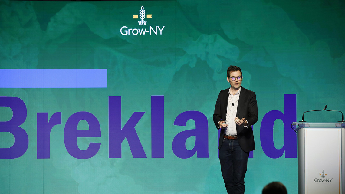 Brekland CEO Eric Bellefroid pitches at the 2025 Grow-NY Food and Ag Summit. Brekland won the $1 million grand prize in this year’s competition. 