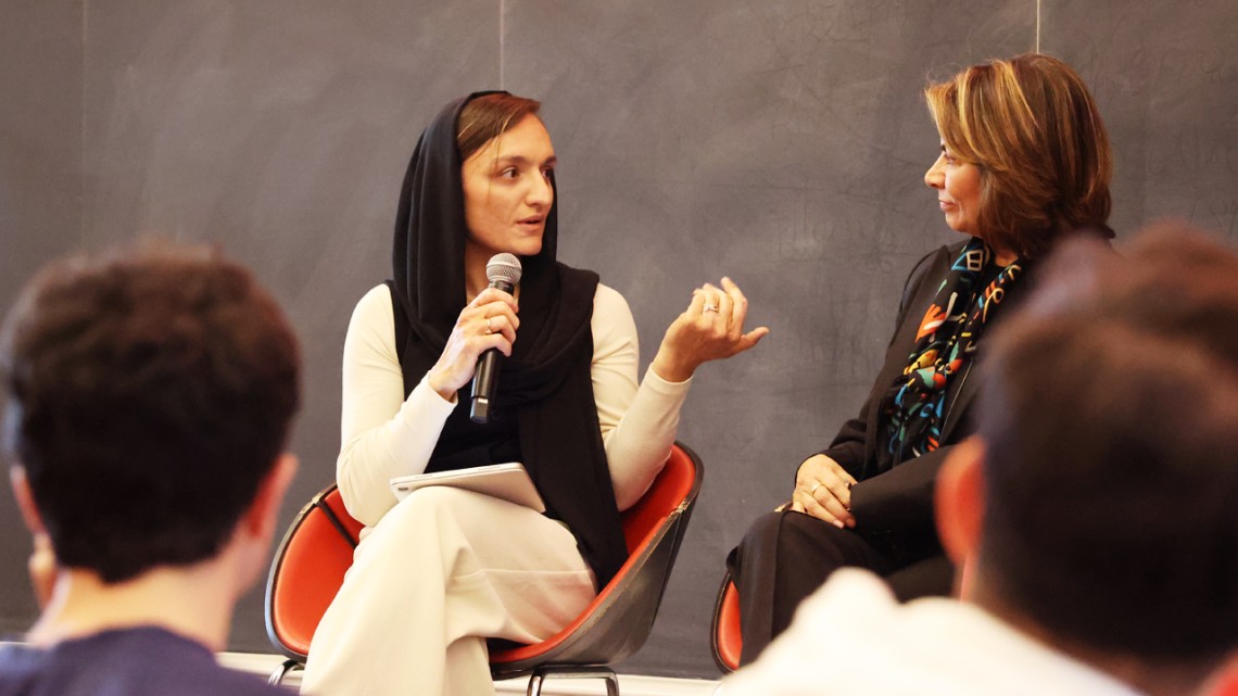 Zarifa Ghafari asks Former Costa Rican President Laura Chinchilla a question on stage