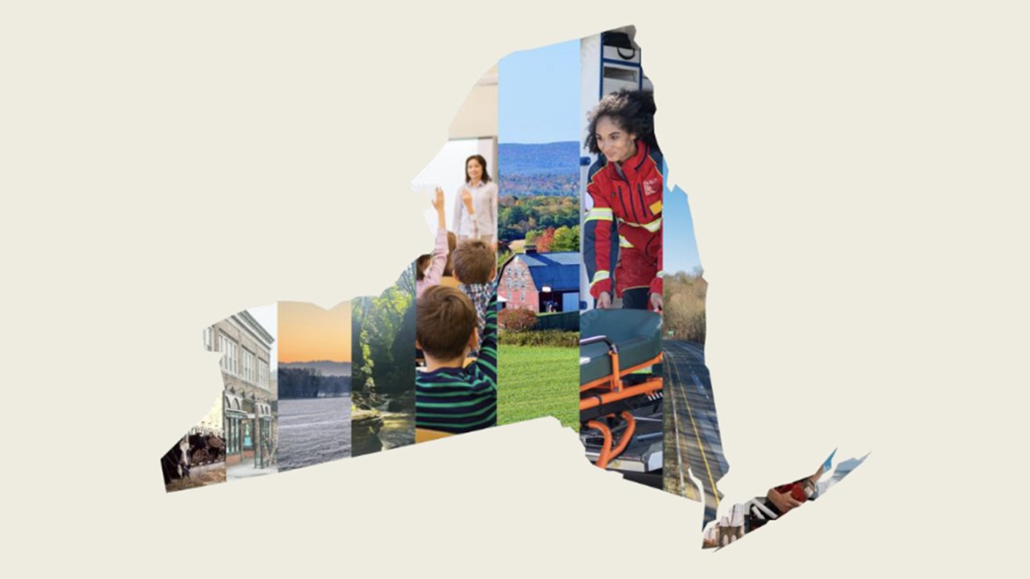 Collage of photos in the shape of New York state