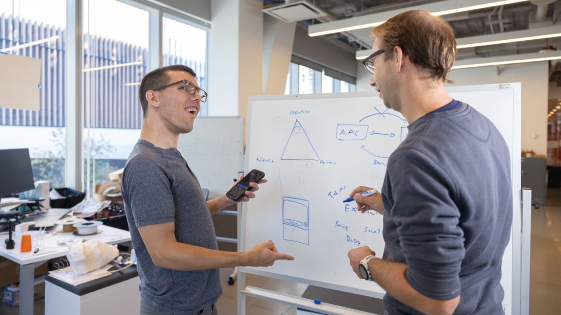 Cornell Tech doctoral student Tobias Weinberg (left) and adviser Thijs Roumen (right), assistant professor at Cornell Tech, are working to transform assistive communication technologies.