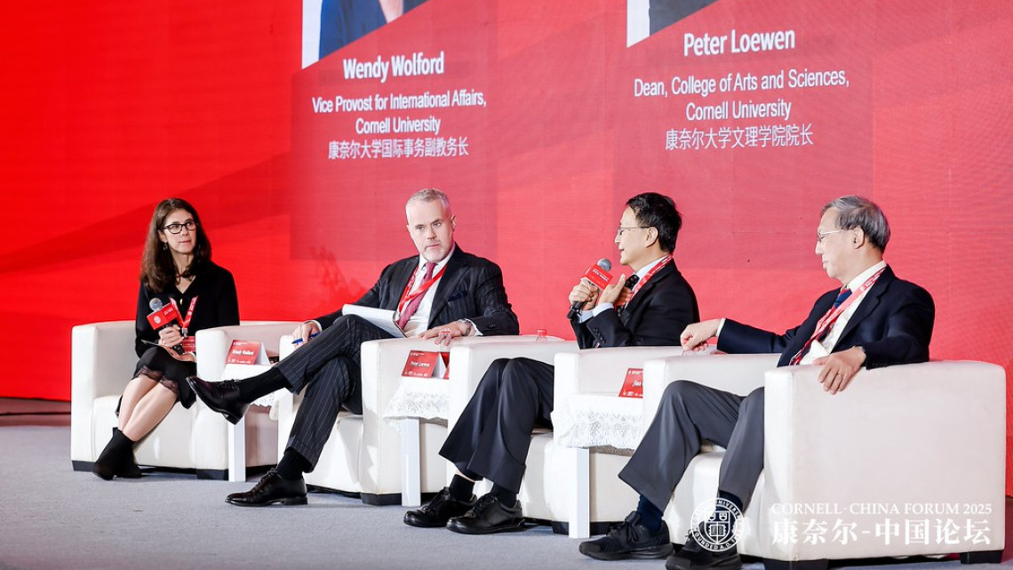 Vice Provost Wendy Wolford and a panel of speakers sit in chairs at the Cornell-China Forum.