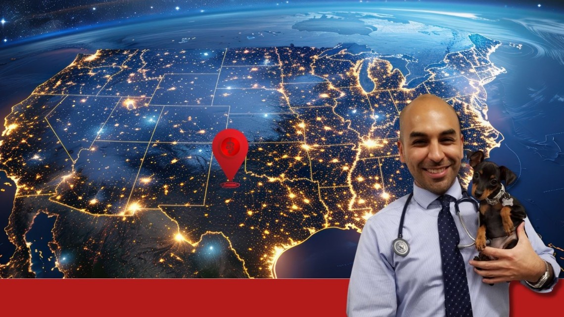 veterinarian holding a dog in front of a map of the US