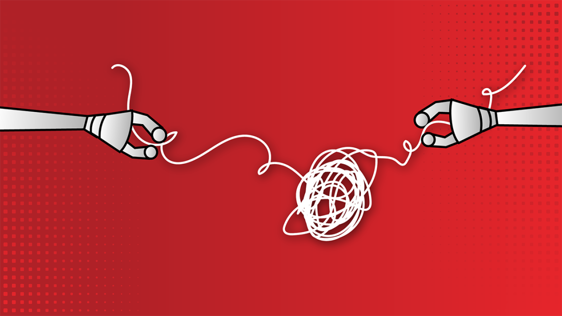 Illustration of two robot hands trying to tie a knot with string