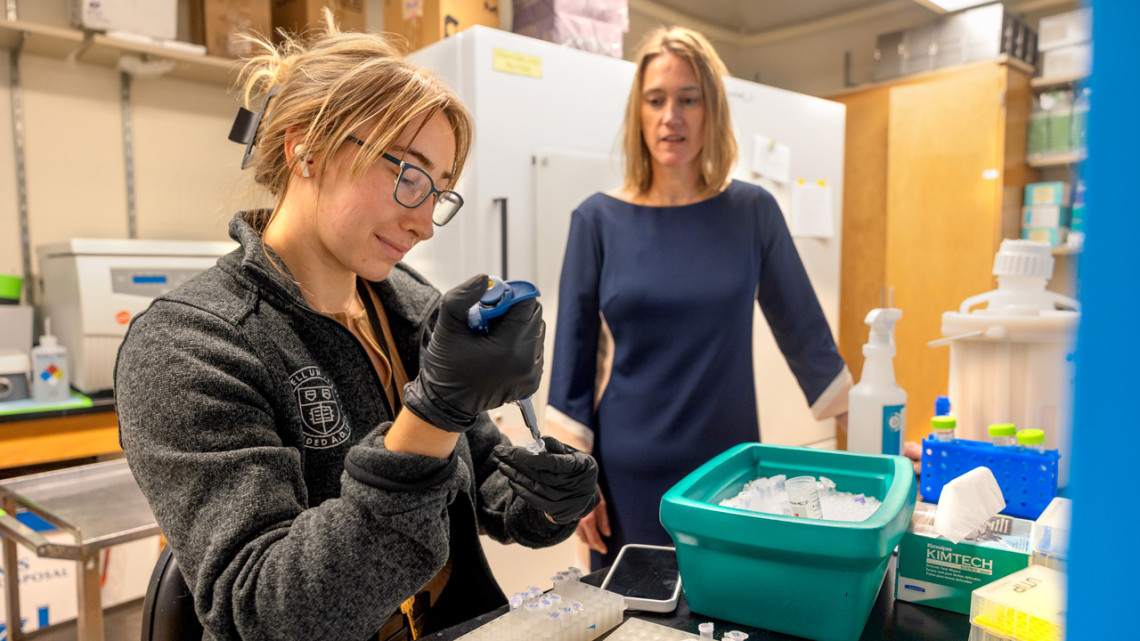 Martha Field, right, assistant professor in the Division of Nutritional Sciences, works with Chloe Purello in her Kinzelberg Hall lab.