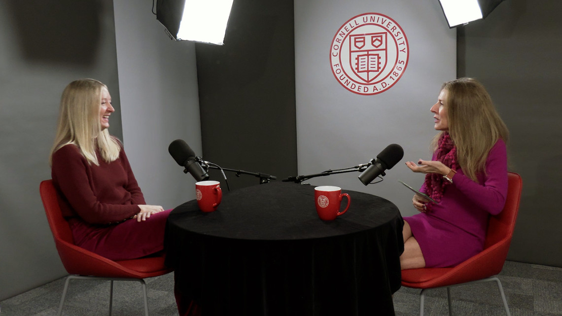 Jessica Salerno, left, associate professor in the College of Human Ecology and Cornell Law School, speaks with Cornell Chronicle writer Laura Reiley for the “Research Matters” podcast.