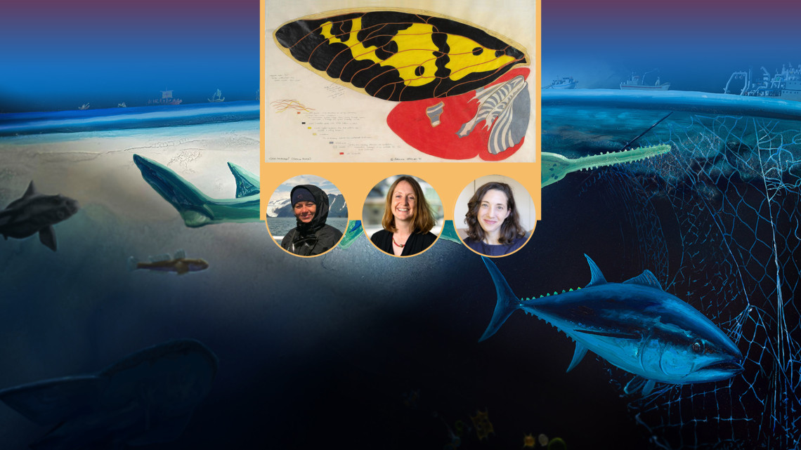 Three faculty headshots are set against a deep sea background as two fish swim toward a fishing net.