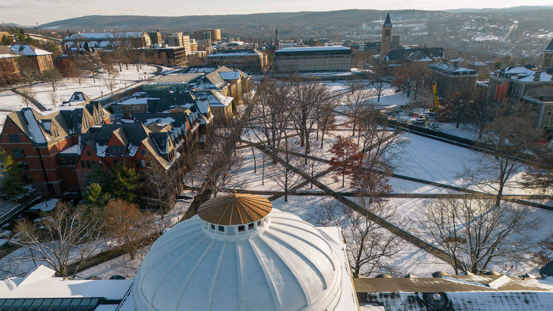 a large domed building covered in snow as part of a college arts quad