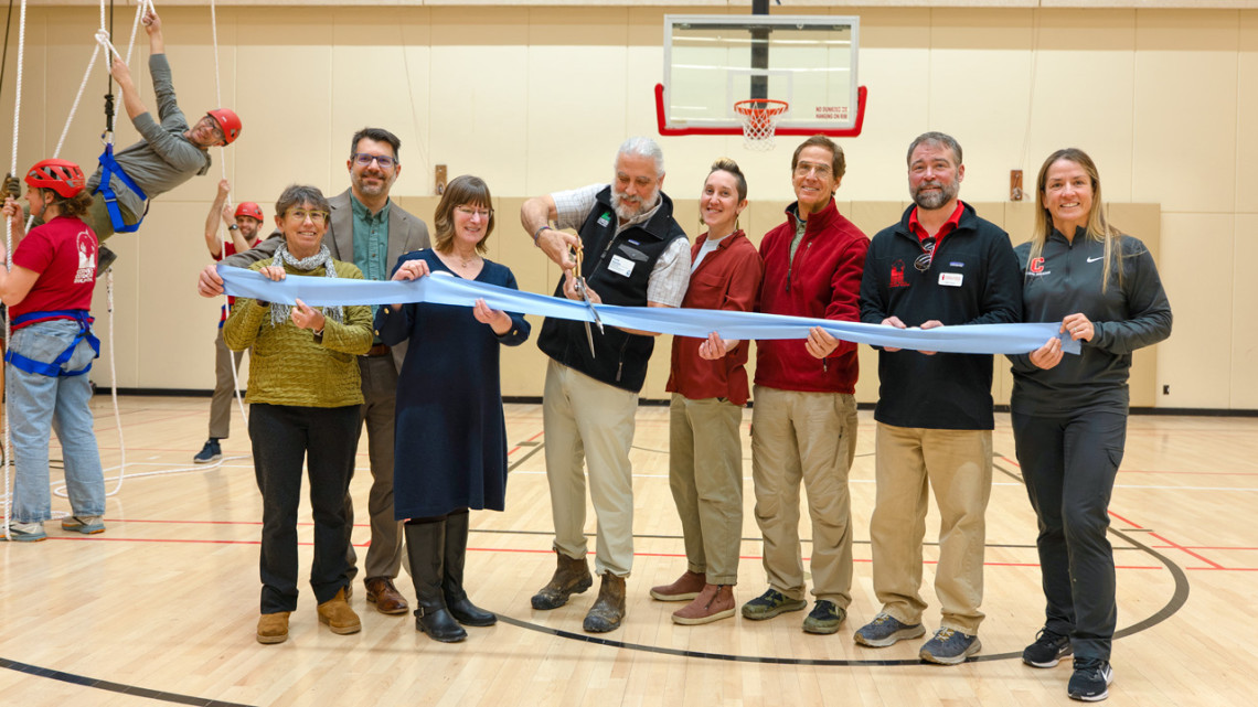 University leaders and members of the Tompkins County Chamber of Commerce celebrate the opening of New York state’s first adaptive indoor challenge course at Noyes Community Recreation Center on Feb. 10.